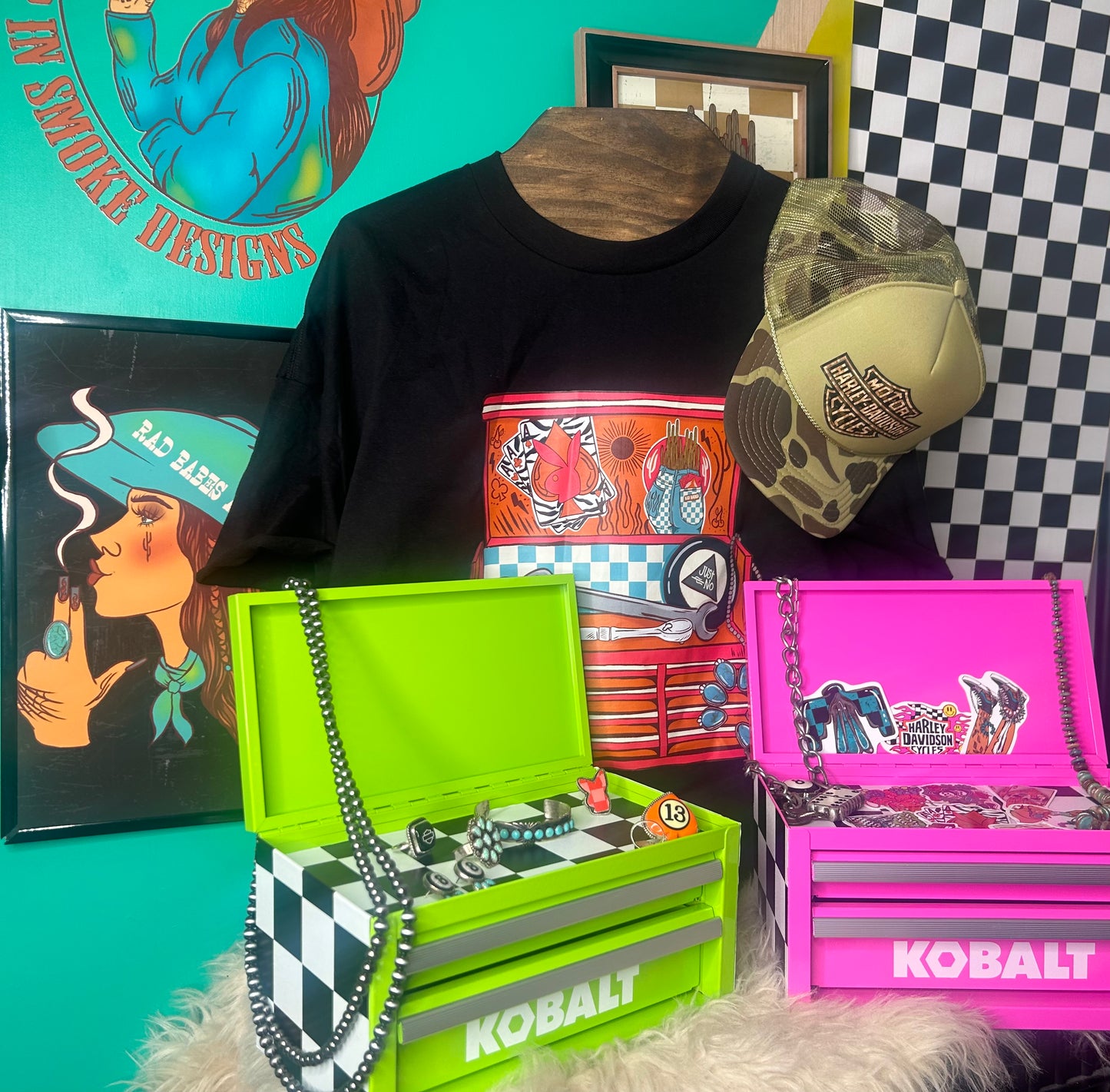 Neon Green Checkered Toolbox and sticker Budnle