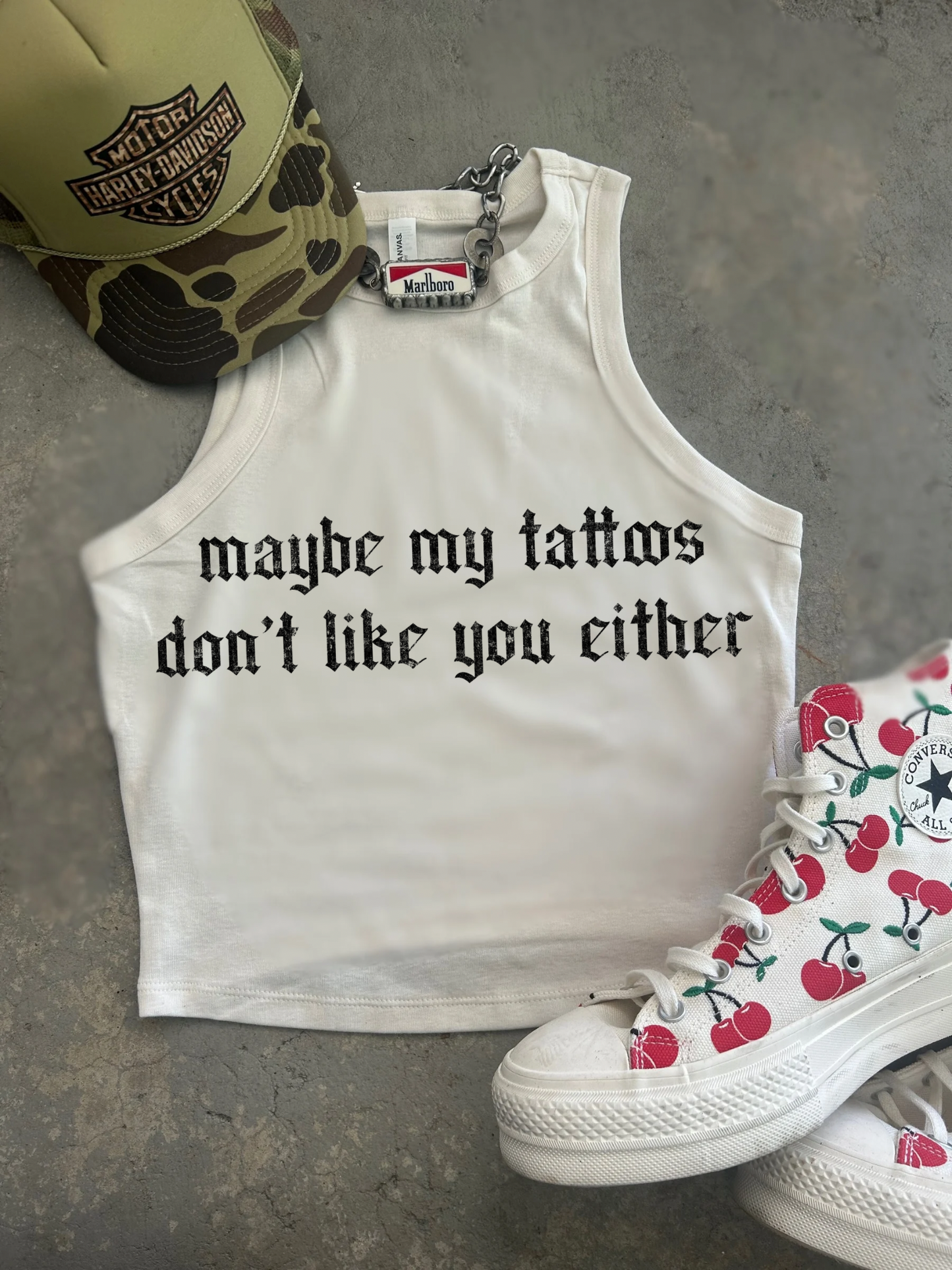 Tattoos dont like you either Ribbed Racer Tank