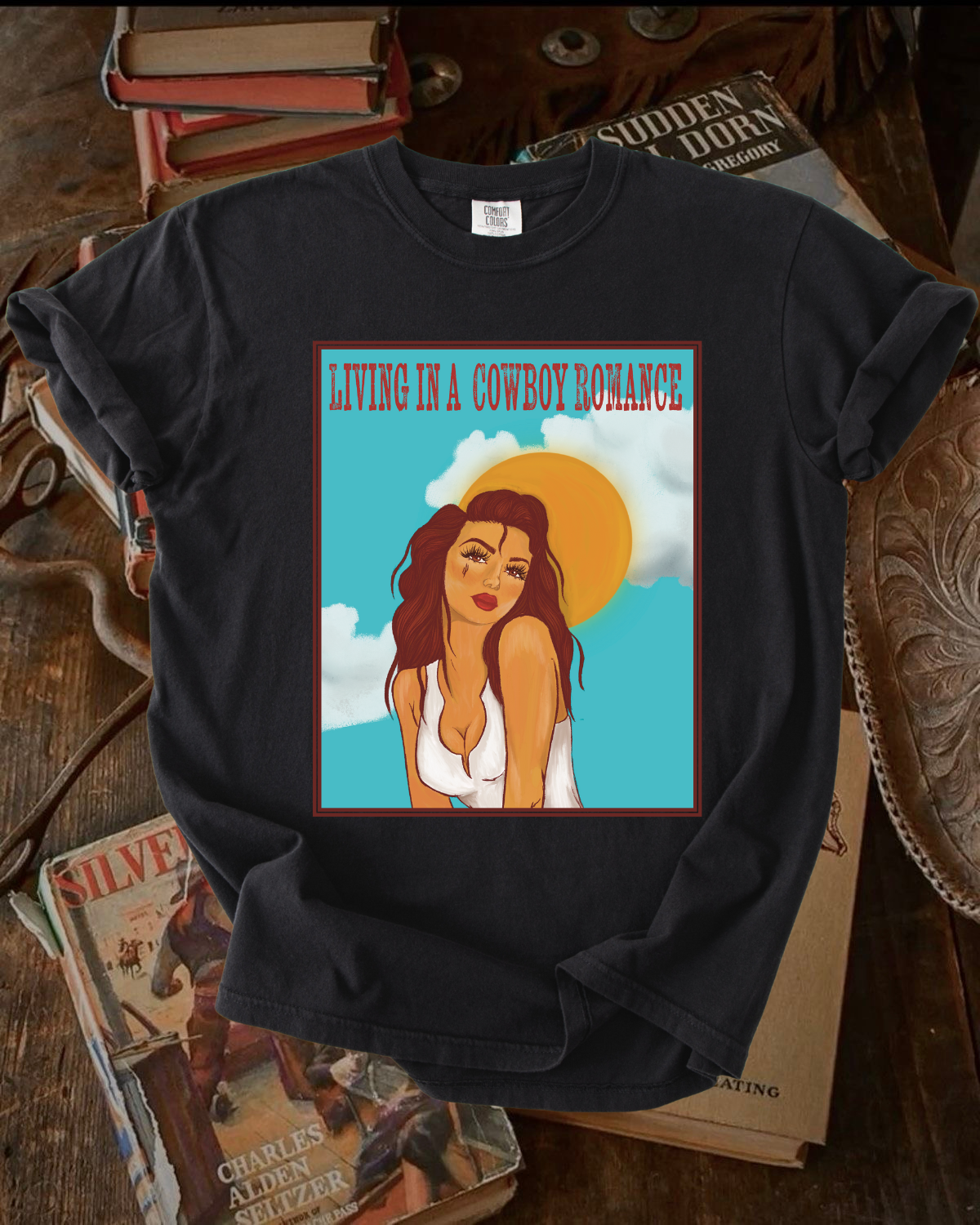 Living in a cowboy romance tee
