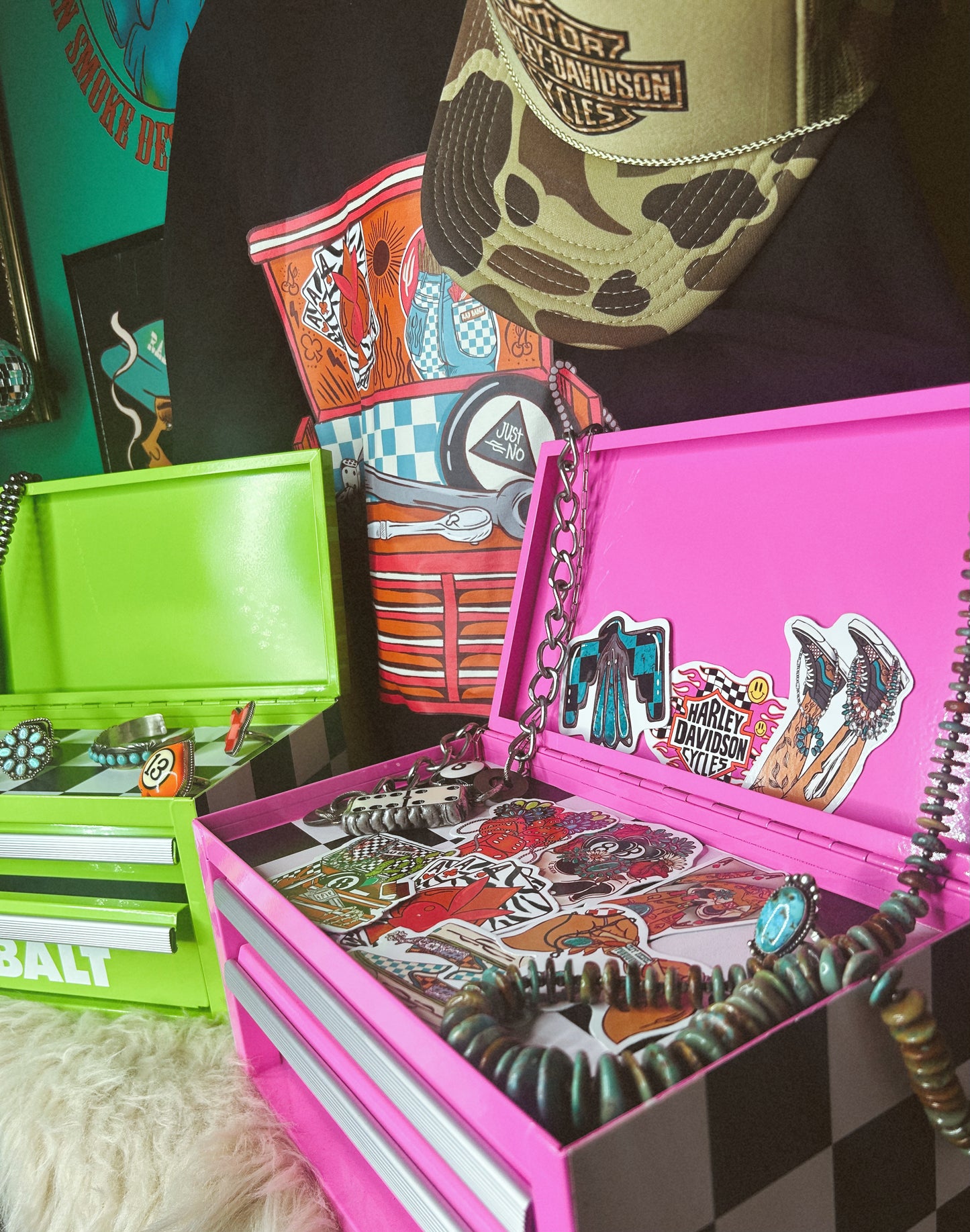 Neon Green Checkered Toolbox, Sticker, & Shirt Bundle