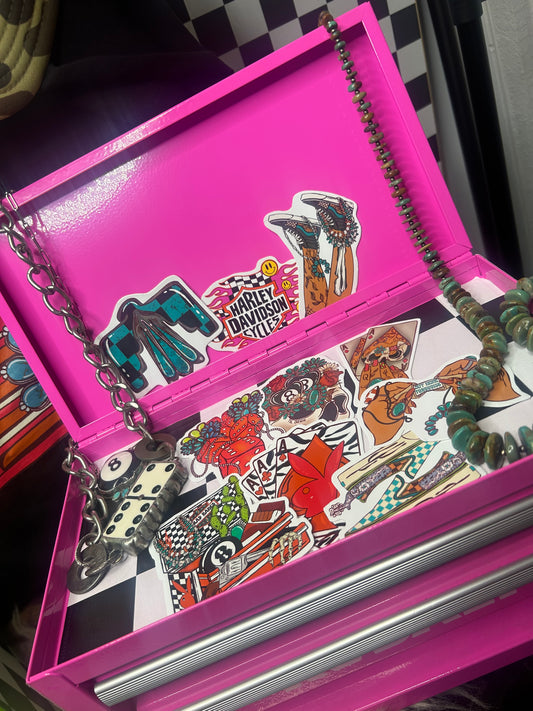 Hot Pink Checkered Toolbox and sticker Budnle