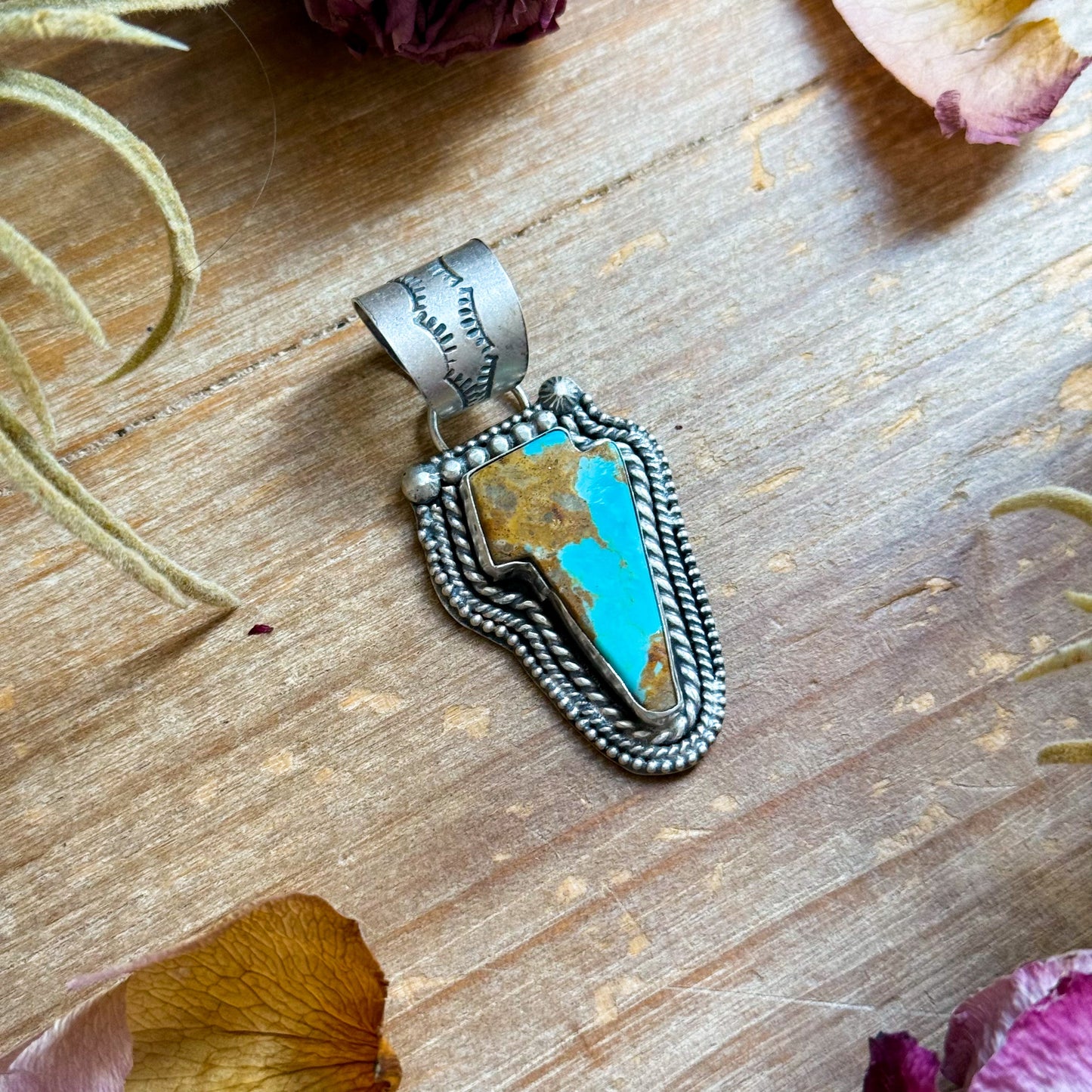 Sterling Silver Kingman Turquoise Lightning Bolt Pendant – Made by Artist Shay Pfeiffer