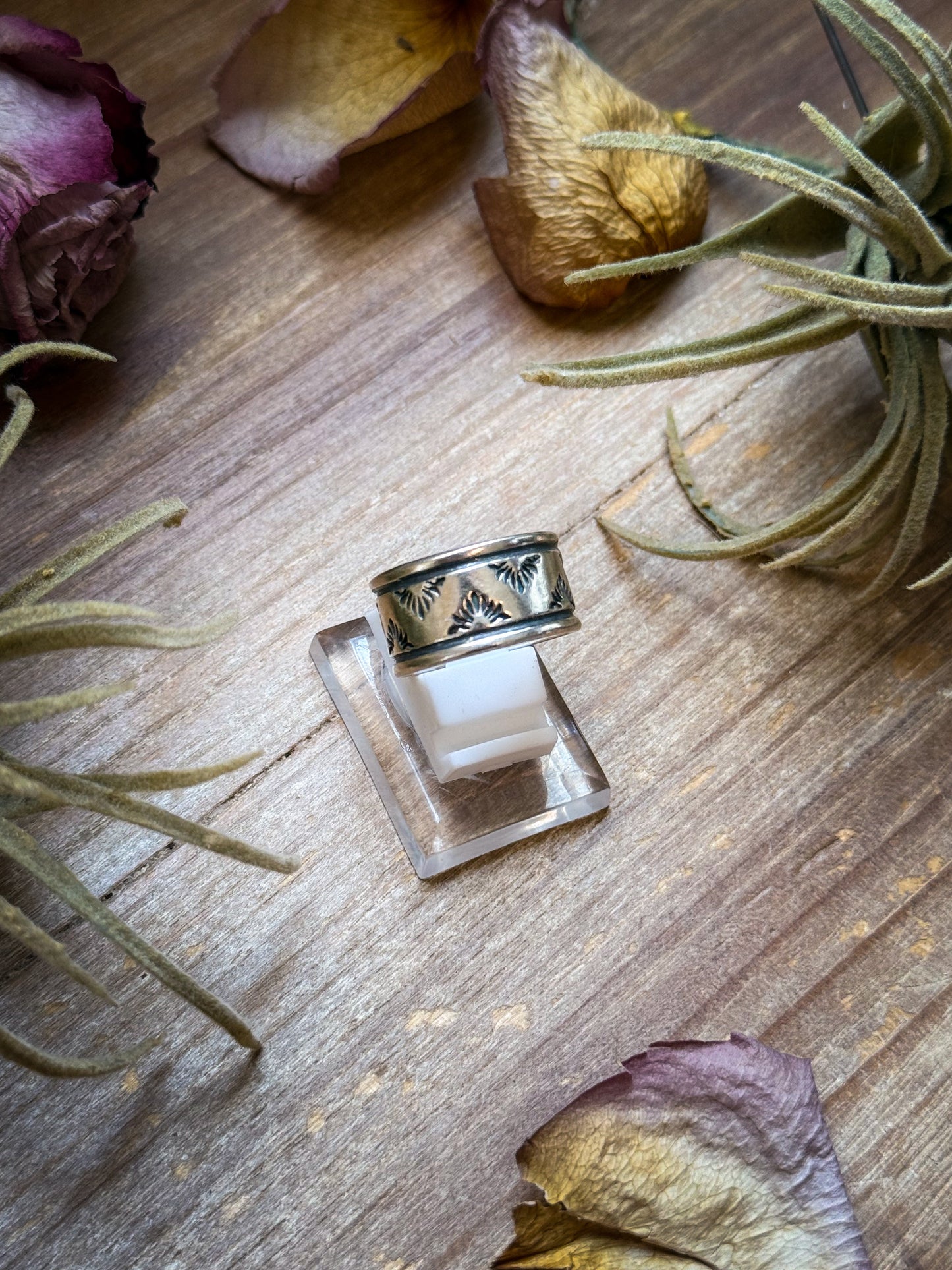 Sterling Silver Hand-Milled Wide Band Aloe Stamped Ring – Size 8.5 – Handmade by Artist Jason Ogg